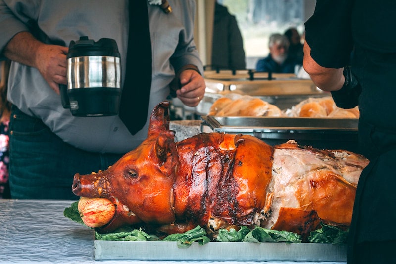 Rotisserie Hog with Apple in Mouth